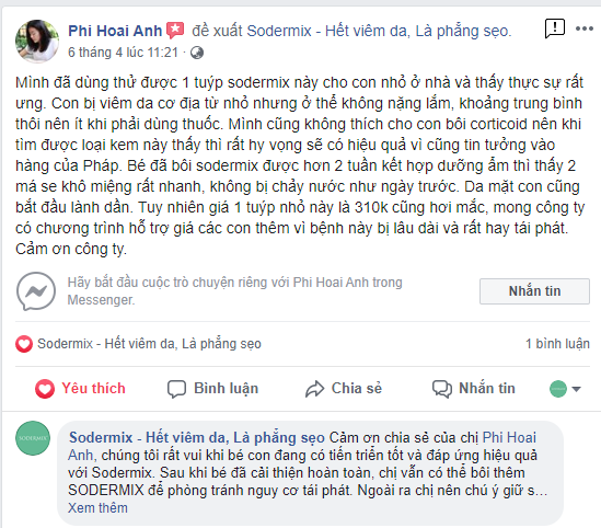 Phản hồi của khách hàng đã sử dụng SODERMIX cho bệnh chàm sữa, lác sữa, viêm da cơ địa 4